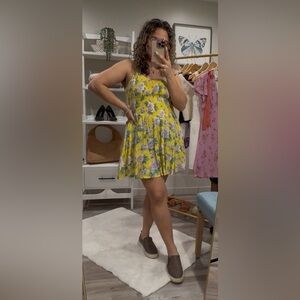 Aerie Yellow Floral Smocked Mini Dress Cottagecore Garden Party Size Small